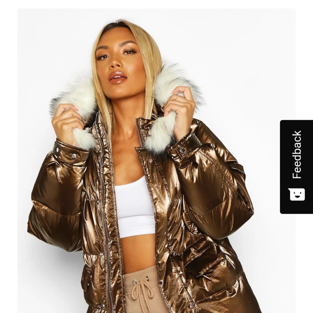 Chocolate puffer coat Faux fur trim hood